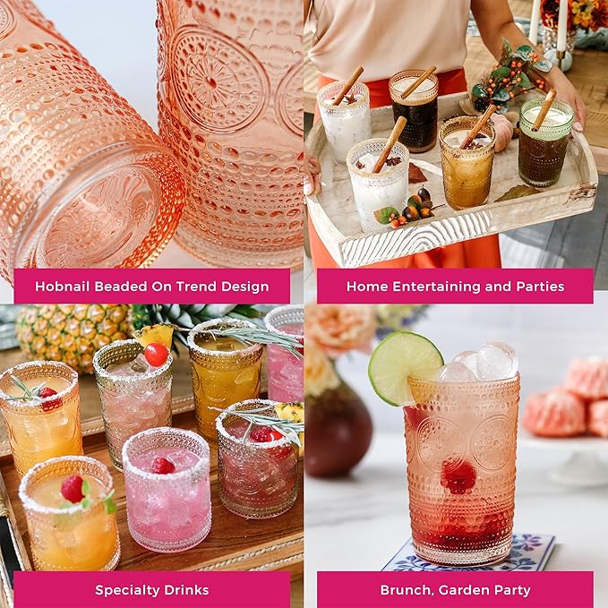 Kate Aspen Hobnail Beaded Floral Rose Gold Drinking Glasses Set of 6,(13 oz) Vintage Glassware Cocktail Glass Set,Juice Glass,Water Cups Great Hostess Gift & Gift for New Home Owners(Pack of 4)