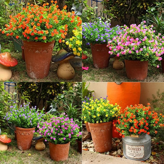 20 Bundles Artificial Flowers Outdoor Fake Plants, UV Resistant No Fade Faux Plastic Greenery Shrubs for Hanging Planter Garden Porch Window Box Outside Decoration,Home Indoor Decor, 5 Colors