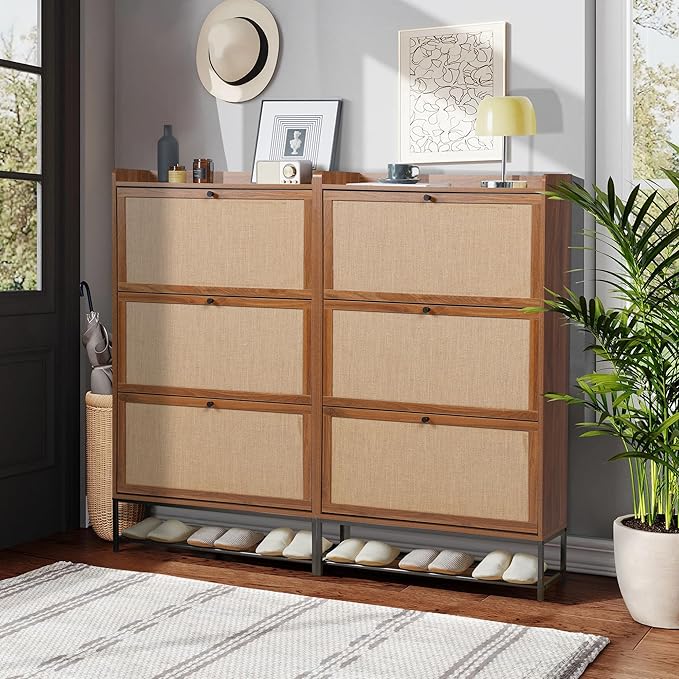 LEVNARY Shoe Storage Cabinet with 3 Flip Drawers, Freestanding Shoe Cabinet Storage Organizer for Entryway, Wooden Narrow Shoe Racks Cabinet with Metal Legs for Hallway (Walnut)