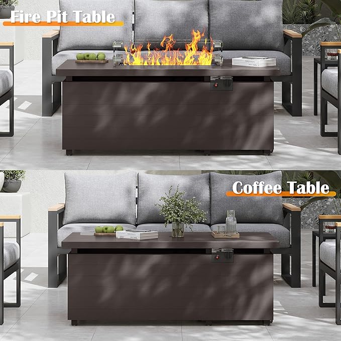 Sundale Outdoor 51 Inch Outdoor Fire Pit Table, 50,000BTU Rectangle Propane Fire Pit with Sliding Tank Holder, Glass Wind Guard, Removable Lid, CSA Certified, Brown