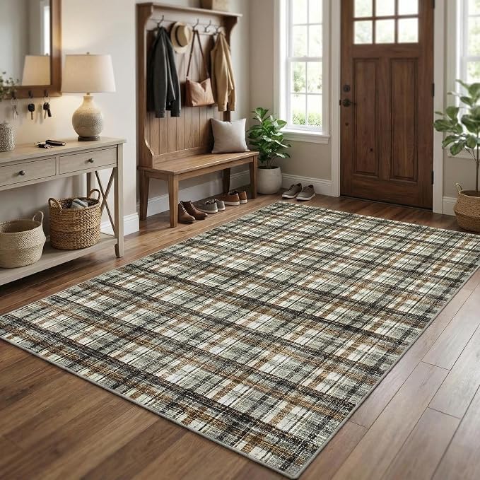 Washable Area Rugs 4x6 Rug for Living Room Modern Non Slip Throw Rugs Soft Bedroom Rug Non Shedding Low Pile Stain Resistant Carpet for Dining Room Nursery Classroom 4'x6' Celadon&Coffee