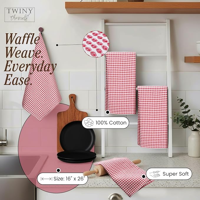 TWINY threads Circle Waffle Dish Towels 4 Pack, 16x26 Inches, 100% Cotton, Durable, Soft, Waffle Weave Hand Cloths, Heavy Duty Wash Rags for Kitchen, Bar, Household, Red