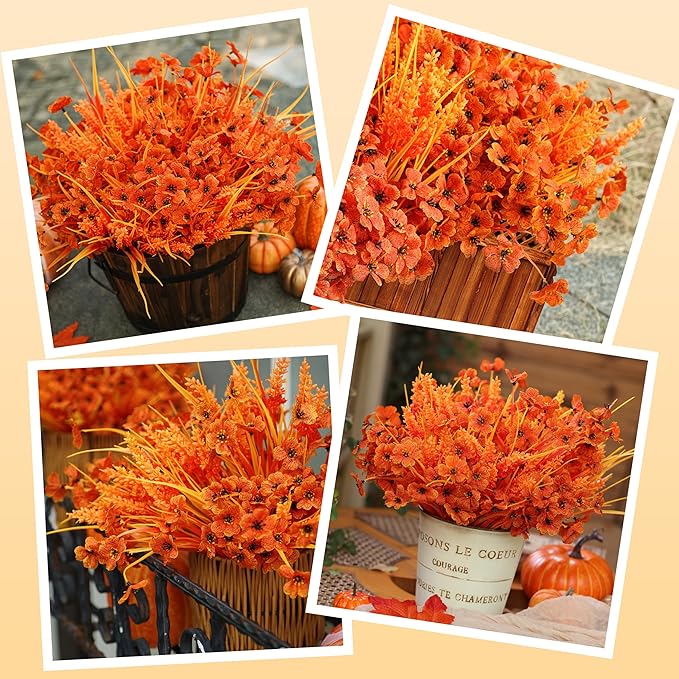 Der Rose 24 Bundles Fall Mums Artificial Flowers for Outdoor Fake Flowers Plants UV Resistant for Home Garden Porch Window Wedding Decor（Orange）