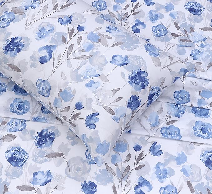 RUVANTI 100% Cotton King Size Sheets Set, 4 Pieces, Soft & Breathable Percale Weave Bedding, Deep Pocket 16", Hotel Standard, Crisp Cool Feel, Durable, Perfect Floral Bed Sheet, Monotones