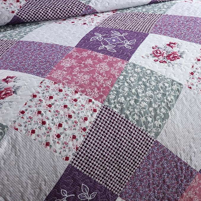 HoneiLife Quilt Set Twin Size - 2 Piece Microfiber Quilts Reversible Bedspreads Patchwork Coverlets Floral Bedding Set All Season Quilts with Geometric and Little Rose Print Pattern，Purple