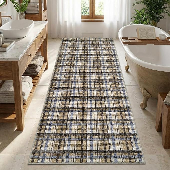 Washable Rugs 2x8 Runner Rug Modern Plaid Bathroom Rugs Non Slip Kitchen Runner Low Pile Entryway Rug Soft Runners Stain Resistant Carpet for Laundry Hallway Bedside 2'x8' Blue&Camel