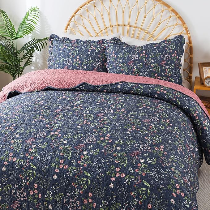 HoneiLife Queen Quilt Bedding Set - Floral Quilt Sets for Queen Bed, 3-Piece Wildflower Bedspreads,Botanical Coverlets Bed Cover, Microfiber Bedding Set All Season Quilts-Flower Sea