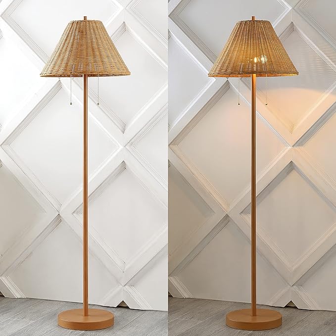 JONATHAN Y 61" Brown Wood Finish 2-Light Coastal Bohemian LED Floor Lamp for Living Room, Brown Rattan Shade, Mid-Century Modern Tall Standing Lamp, Pull-Chain, LED Bulbs Included JYL3092A