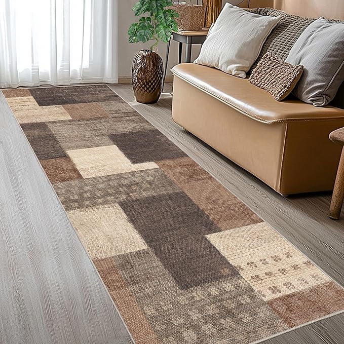 Modern Geometric Patchwork Indoor Runner Rug for Living Room, Beige 2.7'x 10' Large Rug Rockwood Collection Hardwood Floors Decor for Bedroom, Beige Throw Carpet for Office Entryway Dining Room