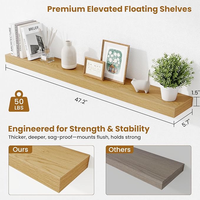 Fun Memories Floating Shelves 48 Inch, Extra Large Wood Shelf Set of 2, Hanging Wall Shelves for Bathroom, Living Room, Kitchen, Bedroom, Oak