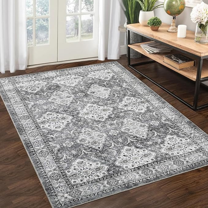 GAOMON Area Rug 5x7 Boho Vintage Rug Small Indoor Area Rug Distressed Floral Print Floor Carpet Cover Washable Foldable Accent Rug for Bedroom Living Room Kitchen, 5’x7’, Grey
