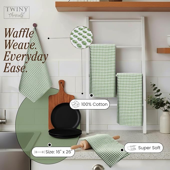 TWINY threads Circle Waffle Kitchen Towels 4 Pack, 16x26 Inches, 100% Cotton, Quick Drying, Absorbent, Soft, Reusable Wash Rags, Perfect for Drying Hands, Cooking, Baking, Daily Use, Mint Green