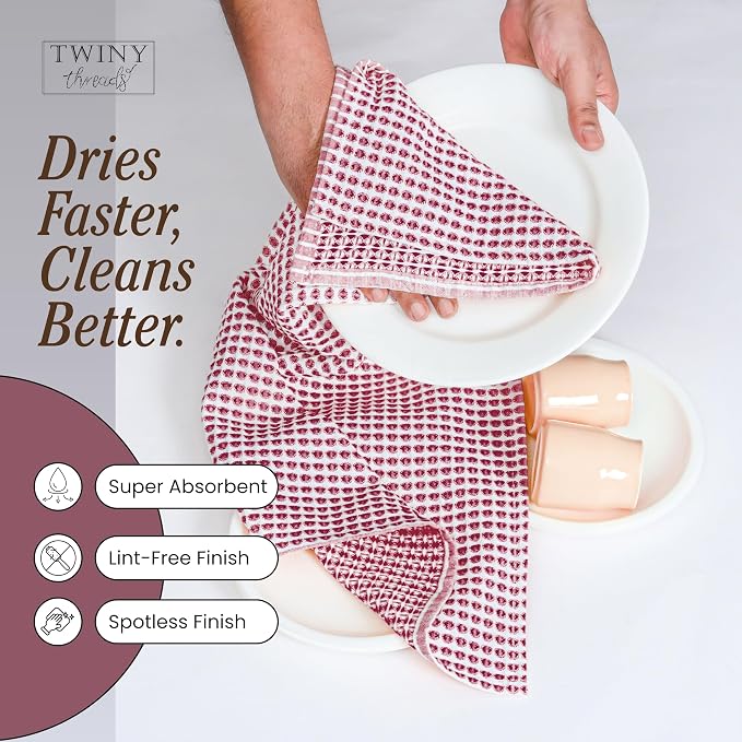 TWINY threads 4 Pack Circle Waffle Kitchen Towels 16x26 Inch, 100% Cotton, Absorbent, Premium Quality, Thick, Waffle Texture Dishcloth Set, Ideal for Drying Dishes Washing, General Cleaning, Burgundy