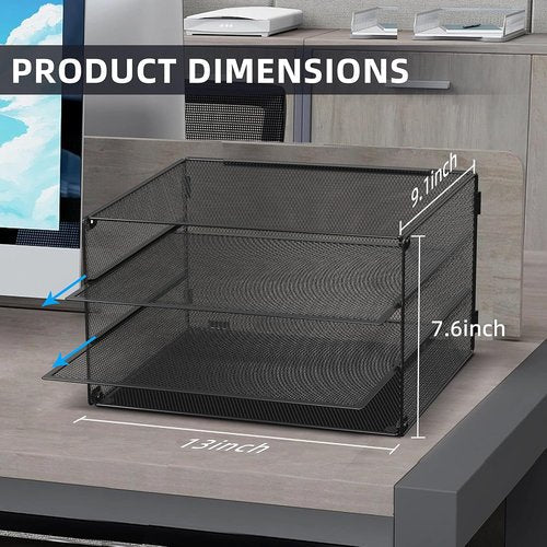 DALTACK 3-Tier Letter Tray - Mesh Metal Desk Organizer with Sliding Trays for A4 Paper & Mail | Black