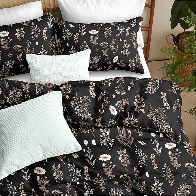 Nayoroom Black Floral Duvet Cover Queen Size Cottagecore Botanical Flower Duvet Cover 3 Pieces Soft Lightweight Aesthetic Bedding Set with Zipper Closure
