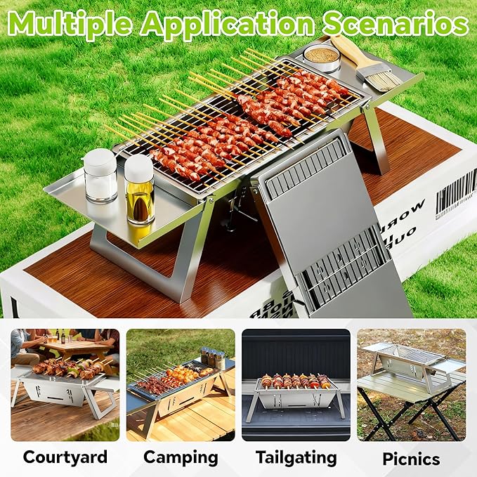 Foldable Small Charcoal Grill, Portable Stainless Steel Charcoal Grill, Tabletop Yakitori Grill for Outdoor Cooking, Travel Camping, BBQ, Tailgating, Picnics, High-Temp Resistant for 2-3 People