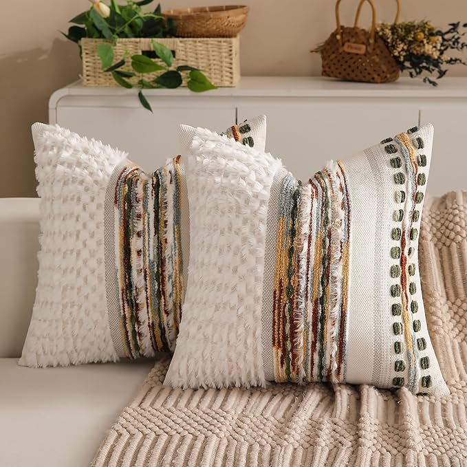 KOOLIFE Boho Chenille Tufted Couch Throw Pillow Covers 18x18 Inch Set of 2 Farmhouse Striped Decorative Pillow Covers Accent Neutral Pillowcase Forest Cushion Cover for Living Room Sofa Bed