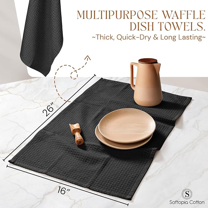 Black Waffle Kitchen Dish Towels 100% Cotton, Soft, Absorbent, Quick Drying, Multipurpose Use, Bar & Tea Towels, 16x26 Inches, Durable, Machine Washable, Reusable, Set of 12