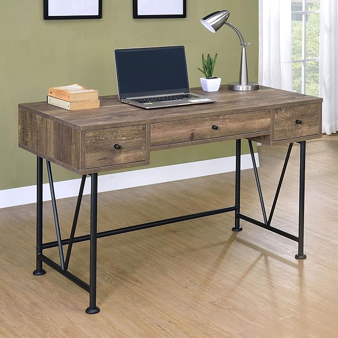 Coaster Furniture Analiese Farmhouse 3 Drawer Home Office Writing Desk Black Metal Base Rustic Oak Brown 802541