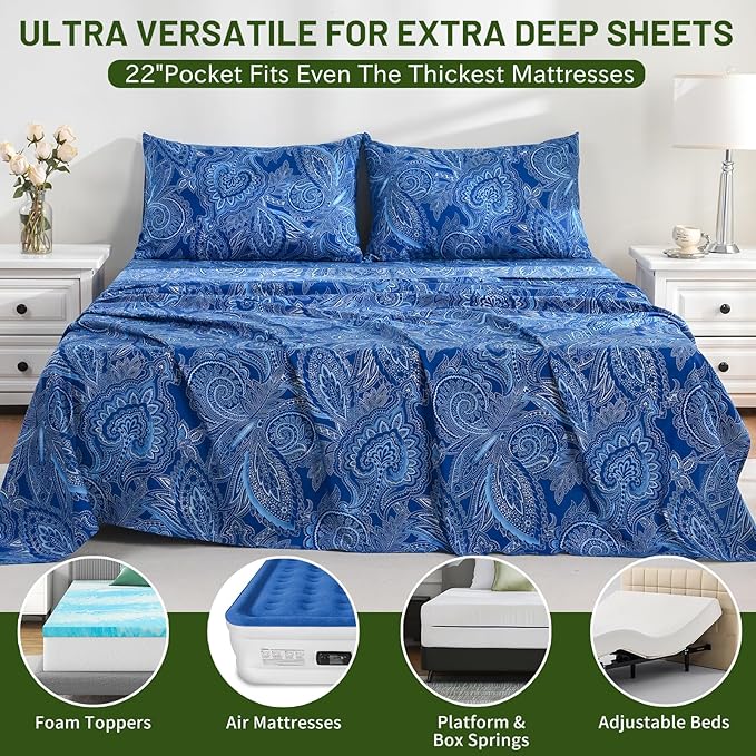 Bedlifes Extra Deep Pocket 18-24" Queen 4-Piece Sheet Set - Cooling Sheets Blend Rayon Derived from Bamboo Soft & Breathable,Featuring Paisley Dark Navy Blue