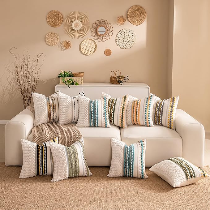 KOOLIFE Boho Chenille Tufted Couch Throw Pillow Covers 18x18 Inch Set of 2 Farmhouse Striped Decorative Pillow Covers Accent Neutral Pillowcase Teal Cushion Cover for Living Room Sofa Bed