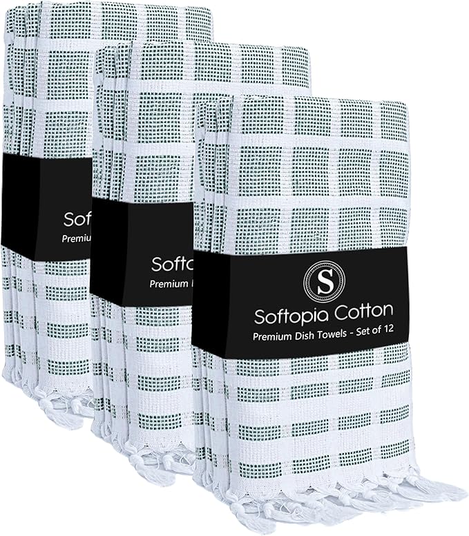 Matrix Dobby Kitchen Towels 12 Pack, 100% Cotton, 16x26 Inches, Reusable Dish Towels with Handmade Tassels, Washable Absorbent Tea Cloths for Cleaning, Cooking - Forest Green, White