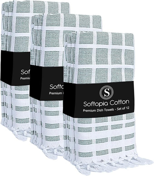 Matrix Dobby Kitchen Towels 12 Pack, 100% Cotton, 16x26 Inches, Reusable Dish Towels with Handmade Tassels, Washable Absorbent Tea Cloths for Cleaning, Cooking - Forest Green, White