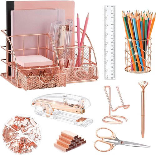 KAAKOW Rose Gold Desk Organizer Set - Stylish Office Supplies with Stapler, Pen Holder & More