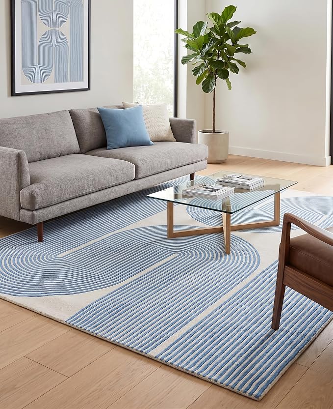Modern Handmade Wool Area Rug, Abstract Curved Line Geometric Indoor Carpet for Living Room Bedroom, Contemporary Tufted Rug with Soft Pile and Cotton Backing (Sky Blue, 4' x 6')