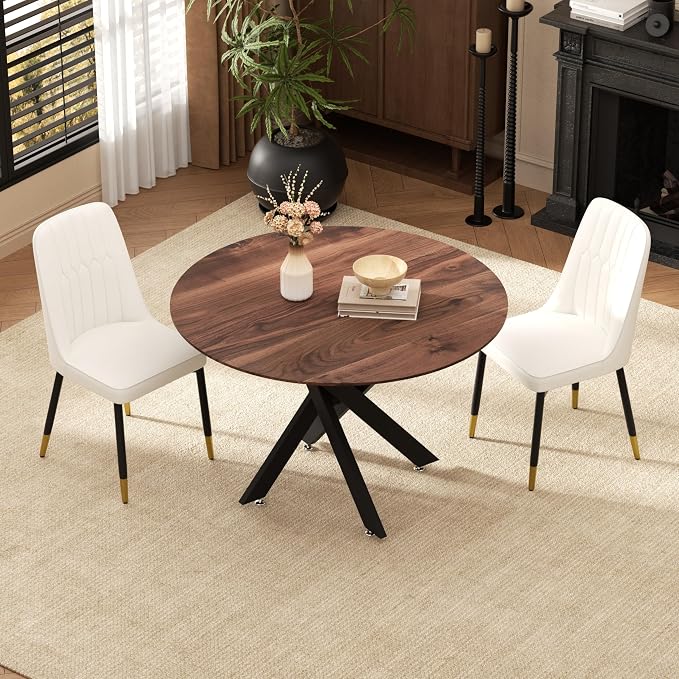 RGZ Mid Century Walnut Round Dining Table Set for 2, 36" Small Wooden Circle Kitchen Table & 2 White PU Leather Kitchen Chairs, Dinner Table Set for Home, Apartment, Dining Room