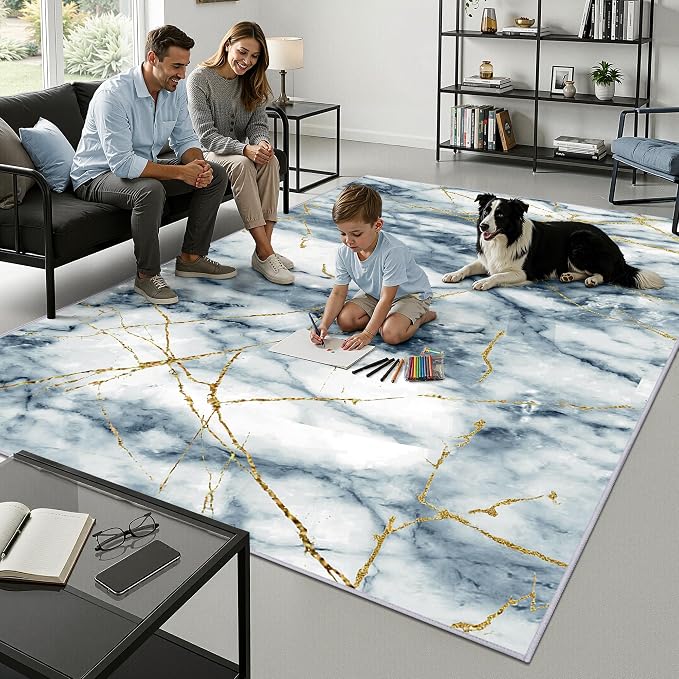 Merelax 6x9 Area Rugs for Living Room - Washable Non-Slip Abstract Blue Rug, Indoor Floor Carpet Low Pile Soft Rug for Bedroom Dining Room, Mudroom, Modern Aesthetic Decor, Blue/Gold