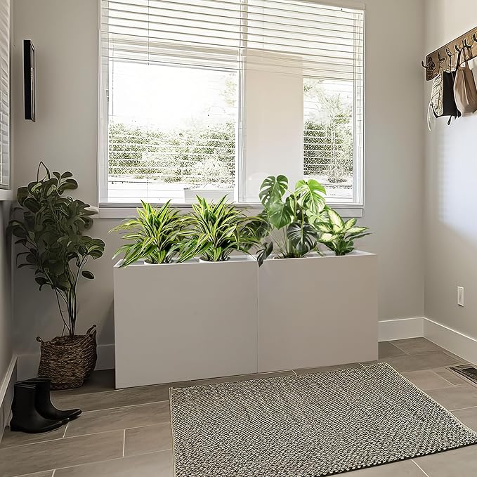 White Metal Long Planter for Outdoor Plants 24" x 10" x 24" Metal Rectangular Outdoor Planter Box Spliced Flower Box with Partitions for Outside,Indoor,Garden (White, 24 * 10 * 24)