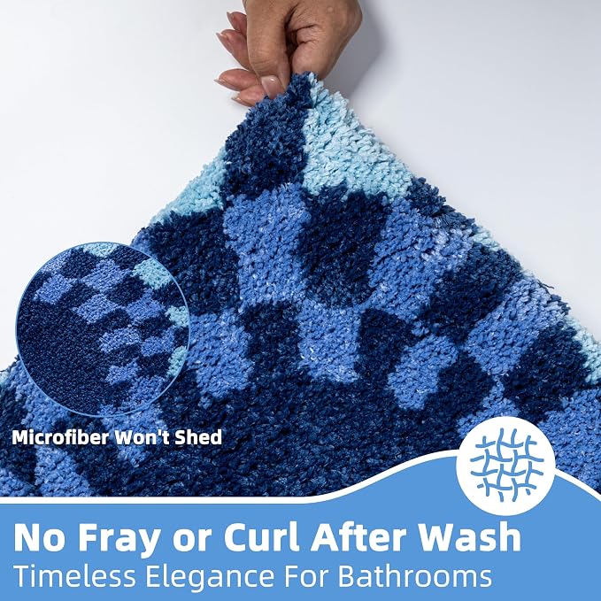 Funky Checkered Bath Mat, Non Slip Absorbent High Pile Tufted Checkerboard Rug for Bathroom Floor, Sink, Blue and White Aesthetic Rug, Machine Washable, 16"x24"