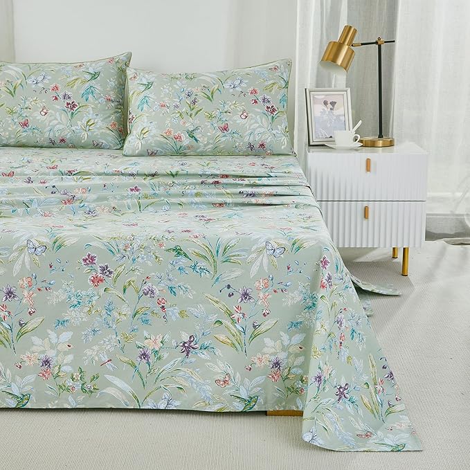 Brandream Bed Sheets Garden Style Butterfly Floral Bedding Elegant Watercolor Painting Farmhouse Queen Size Sheets Set Luxury Bedding Collections 100% Egyptian Cotton Deep Pocket, 4 Piece Green