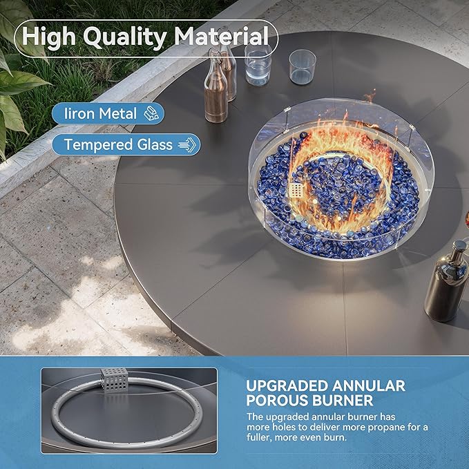 Kullavik 48" Round Propane Fire Pit Table,55000 BTU Auto-Ignitiongas Gas Fire Table with Fire Glass and Lid,Waterproof Cover and Blue Glass Stone for Patio,Balcony,Garden