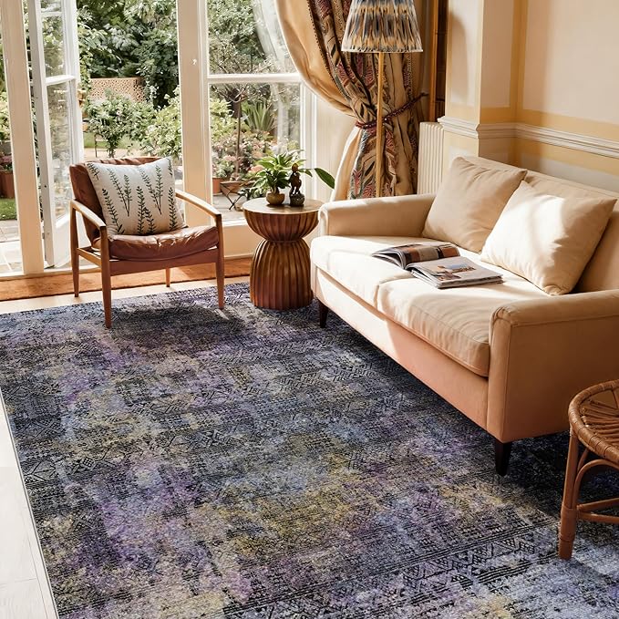 Kokia Abstract Area Rugs Washable Indoor 6x9 Rug Boho Distressed Retro Low Pile Non-Slip Non-Shedding Black Purple Carpet Bedroom Living Room Dining Room, Violet and Slate Blue