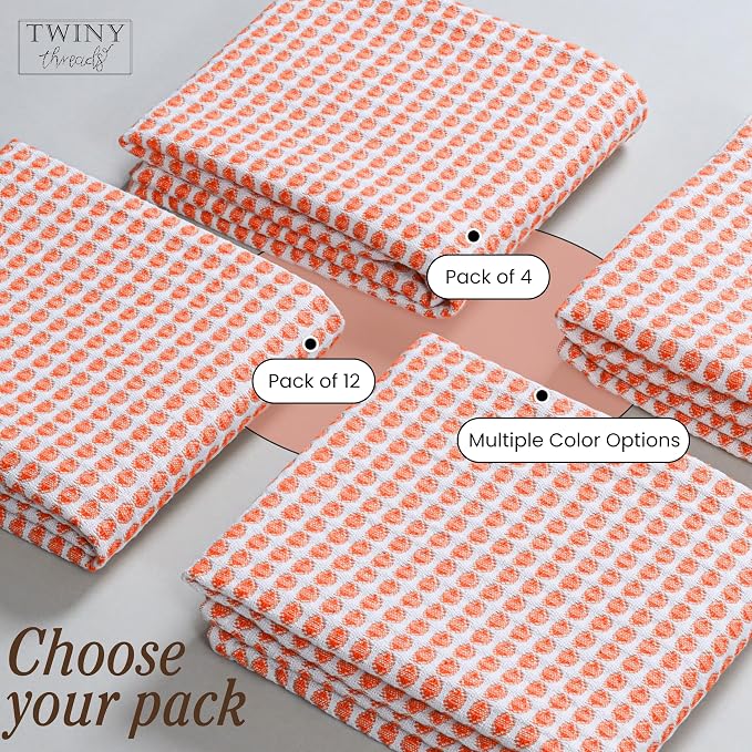 TWINY threads Circle Waffle Kitchen Dish Towels 4 Pack, 16"x26", 100% Cotton, Super Absorbent, Heavy Duty, Quick Drying Dishcloth Set, Premium Wash Rags for Drying Dishes, Cooking, Bright Orange