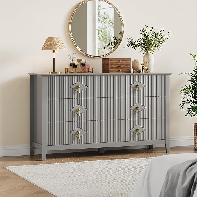 GarveeHome Fluted Dresser for Bedroom, 54 Inch Wide 6-Drawer Wood Dresser, Modern Chest of Drawers, Storage Organizer Cabinet for Living Room, Hallway, Entryway, Grey