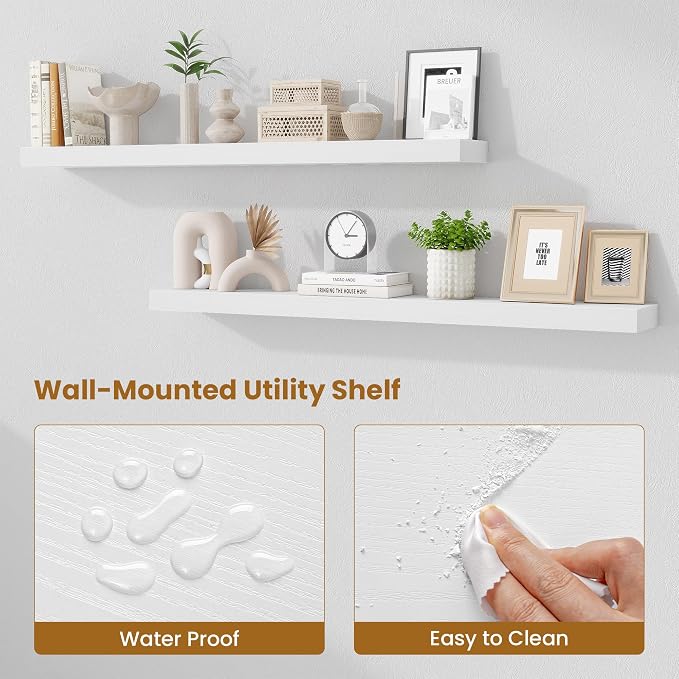 Fun Memories Floating Shelves 48 Inch, Extra Large Wood Shelf Set of 2, Hanging Wall Shelves for Bathroom, Living Room, Kitchen, Bedroom, White