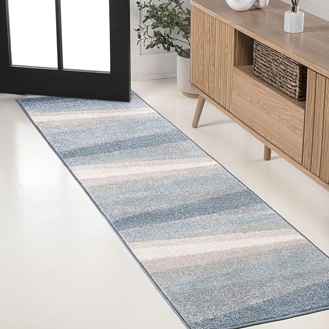 JONATHAN Y Prism Geometric Striped Runner Rug 2x8, Blue/Cream/Gray, Modern, Coastal, Easy-Cleaning for Living Room, Bedroom, Kitchen, Pet Friendly, Non-Shedding (DZC101D-28)