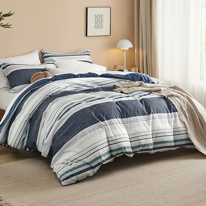 Bedsure Duvet Cover Queen Size - Reversible Striped Duvet Cover Set with Zipper Closure, 3 Pieces Blue Bedding Set with 8 Corner Ties and 2 Pillow Shams 20"x26"