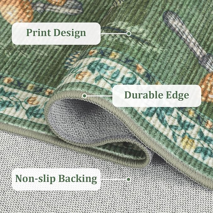 Washable 8x10 Mushroom Floral Rugs for Living Room Low Pile Soft Bedroom Large Accent Carpet Non Slip Non Shedding Nursery Playroom Carpet Mats Boho Vintage Green Carpets for Dining Apart Dorm, Green