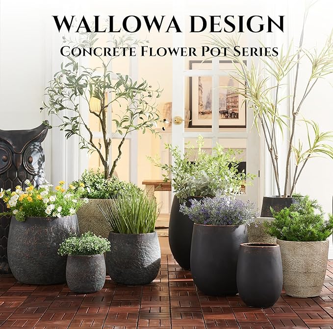 Wallowa 20" H Weathered Concrete Tall Planter, Black Large Outdoor Indoor Decorative Flower Pot with Drainage Hole, Modern Round Style for Home, Garden, Patio, Courtyard, Bronze Rust with Green Tone