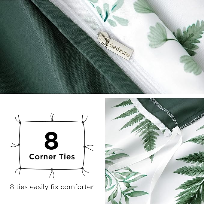 Bedsure Duvet Cover Queen Size - Reversible Plants Duvet Cover Set with Zipper Closure, 3 Pieces Green Bedding Set with 8 Corner Ties and 2 Pillow Shams 20"x26"
