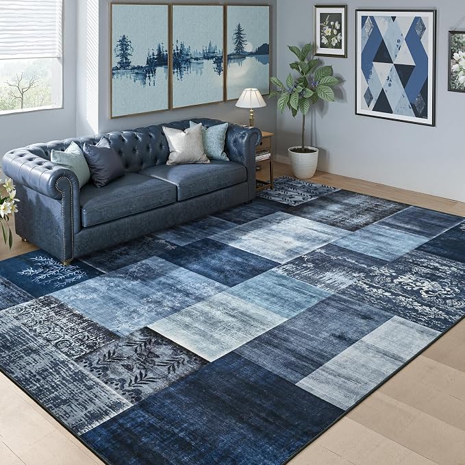 Tepook 9x12 Blue Area Rugs for Living Room, Modern Large Geometric Rug for Bedroom, Washable Patchwork Rug Indoor Non Slip Throw Carpets for Dining Room Office Farmhouse Home Decor