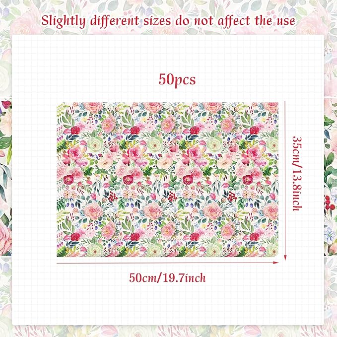 BACH AND BOUJEE 50 Sheets Flower Tissue Paper Watercolor Wildflower Gift Wrapping Paper Floral Patterned Tissue Papers Gift Wrap Crafts Packaging for Flower Wedding Birthday Christmas Party Supplies