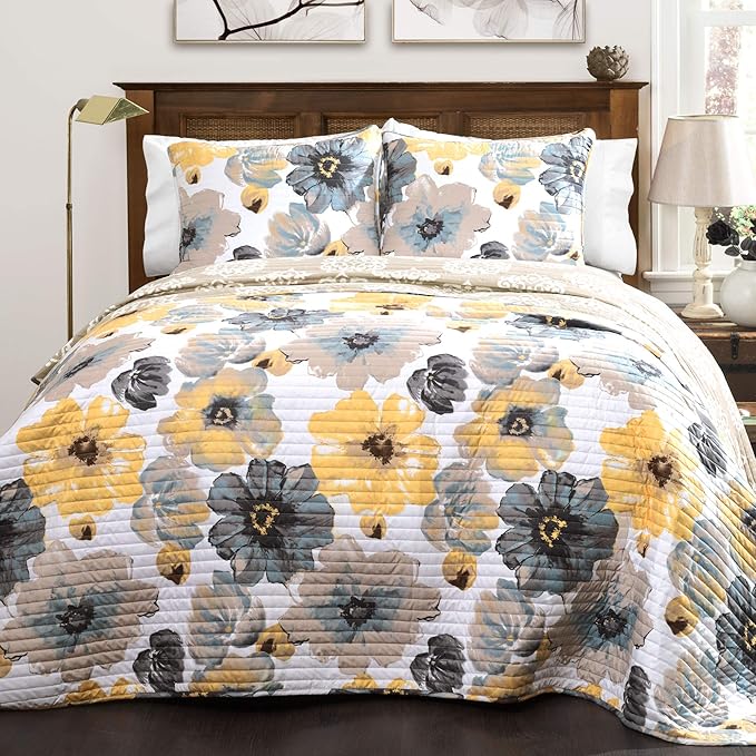 Lush Decor Leah Reversible Floral Quilt Set, 3 Piece Set, King, Yellow & Gray - Watercolor Botanical - Cottage Core - French Country Decor- Bedding Queen Size