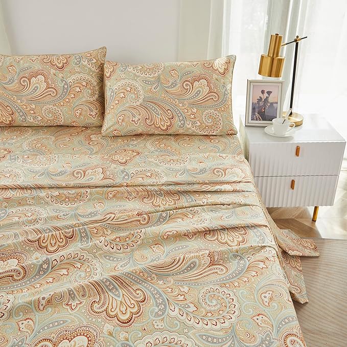 Brandream Paisley Bedding Gold Classy Regal Themed Boho Bed Sheet Set Luxury Bedding Collections 800 Thread Count 100% Egyptian Cotton Deep Pocket, 4 Piece-Queen Size