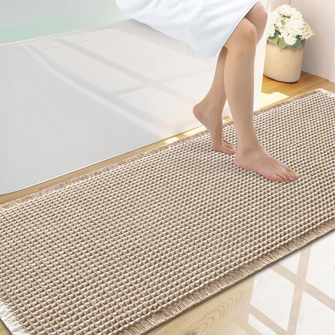 Smiry Waffle Bath Mat 59x20, Extra Soft Absorbent Bathroom Rugs, Non Slip Machine Washable Quick Dry Bath Rugs for Bathroom Floor, Tub, Shower, Home Decor Accessories, Brown & Cream