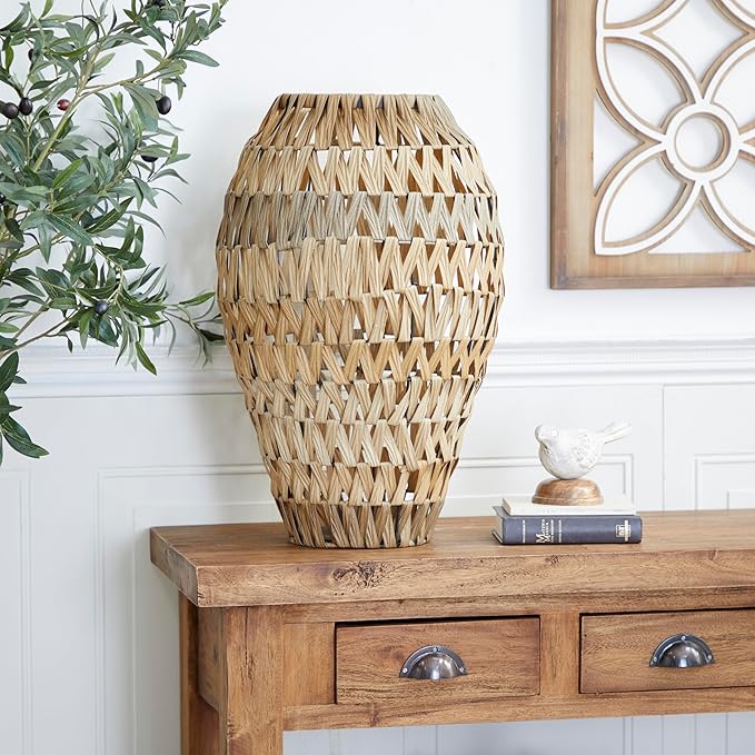Deco 79 Plastic Rattan Handmade Decorative Vase Woven Centerpiece Vase, Vase for Home Decoration 15" x 15" x 22", Brown